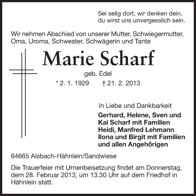  Traueranzeige für Marie Scharf vom 25.02.2013 aus Echo-Zeitungen (Gesamtausgabe)