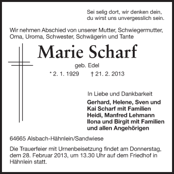 Traueranzeige von Marie Scharf von Echo-Zeitungen (Gesamtausgabe)