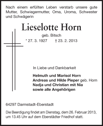 Traueranzeige von Lieselotte Horn von Echo-Zeitungen (Gesamtausgabe)