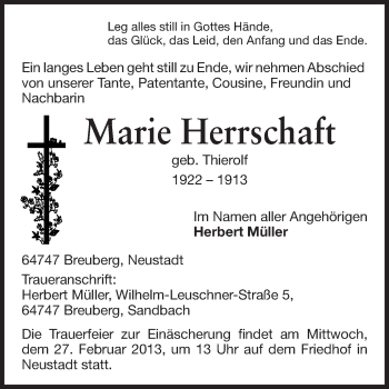 Traueranzeige von Marie Herrschaft von Odenwälder Echo