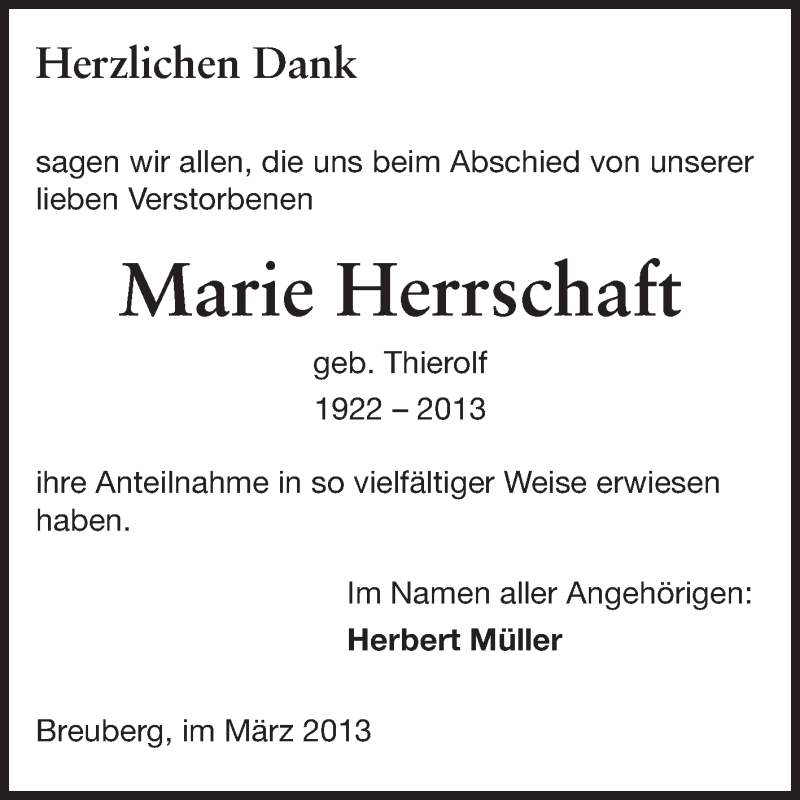  Traueranzeige für Marie Herrschaft vom 23.03.2013 aus Odenwälder Echo