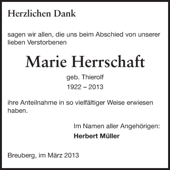 Traueranzeige von Marie Herrschaft von Odenwälder Echo