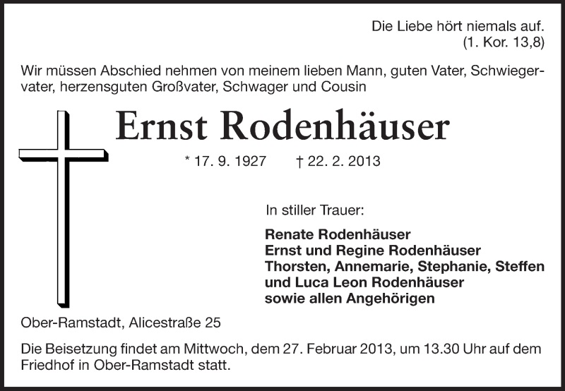  Traueranzeige für Ernst Rodenhäuser vom 25.02.2013 aus Echo-Zeitungen (Gesamtausgabe)
