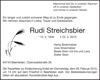 Traueranzeige von Rudi Streichsbier von Odenwälder Echo