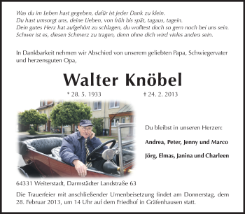 Traueranzeige von Walter Knöbel von Echo-Zeitungen (Gesamtausgabe)