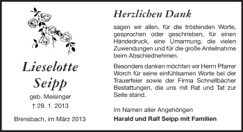 Traueranzeige von Lieselotte Seipp von Odenwälder Echo