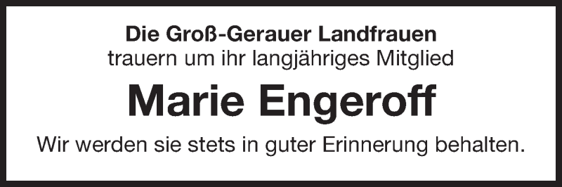  Traueranzeige für Marie Engeroff vom 26.02.2013 aus Rüsselsheimer Echo, Groß-Gerauer-Echo, Ried Echo