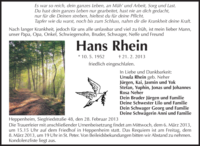  Traueranzeige für Hans Rhein vom 28.02.2013 aus Starkenburger Echo