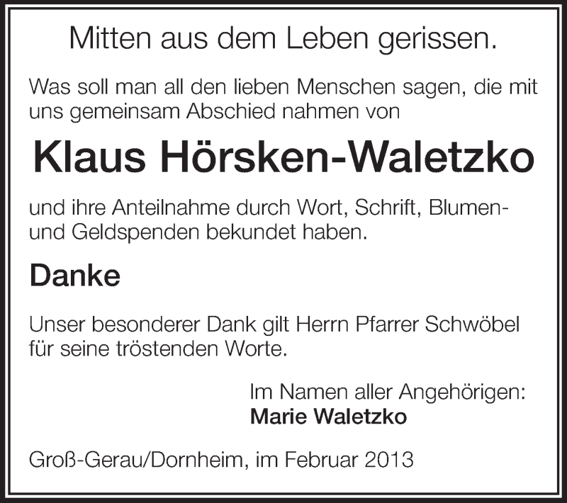  Traueranzeige für Klaus Hörsken-Waletzko vom 27.02.2013 aus Rüsselsheimer Echo, Groß-Gerauer-Echo, Ried Echo
