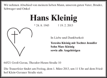 Traueranzeige von Hans Kleinig von Rüsselsheimer Echo, Groß-Gerauer-Echo, Ried Echo