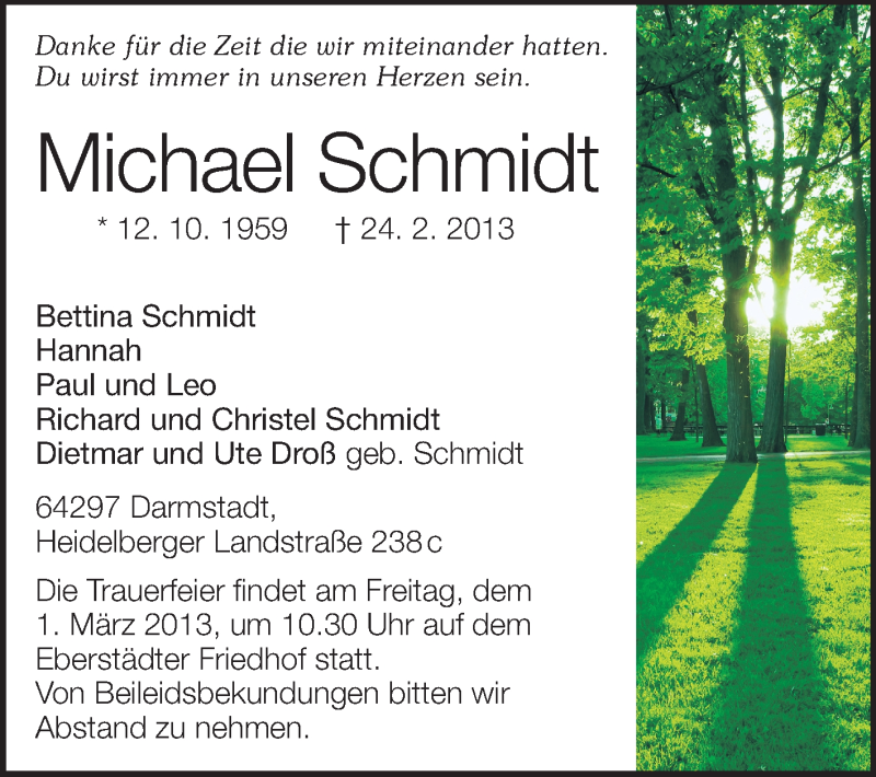  Traueranzeige für Michael Schmidt vom 27.02.2013 aus Echo-Zeitungen (Gesamtausgabe)