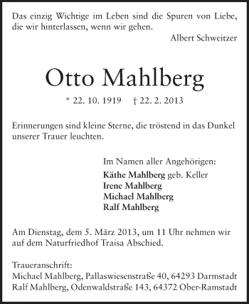 Traueranzeige von Otto Mahlberg von Echo-Zeitungen (Gesamtausgabe)