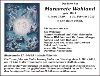 Traueranzeige von Margarete Wohland von Echo-Zeitungen (Gesamtausgabe)