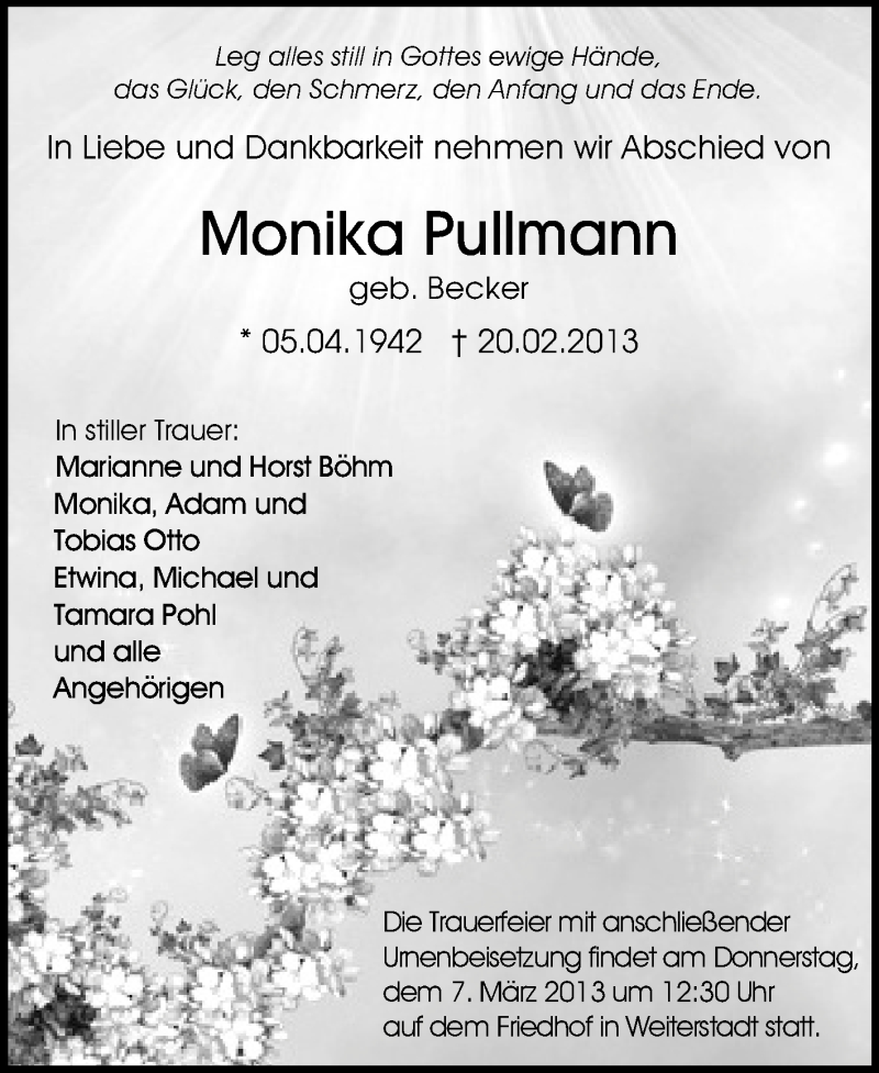  Traueranzeige für Monika Pullmann vom 28.02.2013 aus Echo-Zeitungen (Gesamtausgabe)