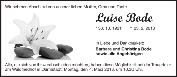 Traueranzeige von Luise Bode von Echo-Zeitungen (Gesamtausgabe)