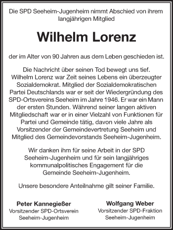 Traueranzeige von Wilhelm Lorenz von Echo-Zeitungen (Gesamtausgabe)