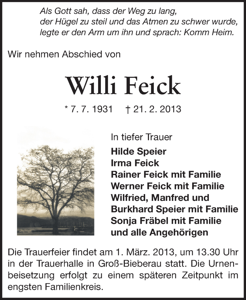  Traueranzeige für Willi Feick vom 27.02.2013 aus Darmstädter Echo, Odenwälder Echo, Rüsselsheimer Echo, Groß-Gerauer-Echo, Ried Echo