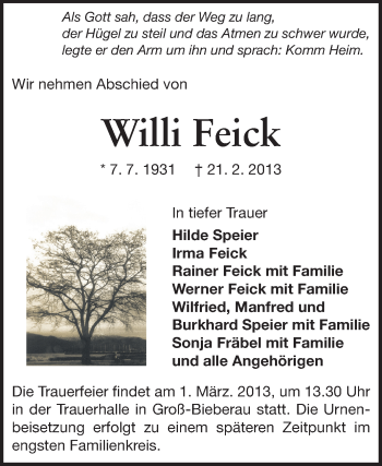 Traueranzeige von Willi Feick von Darmstädter Echo, Odenwälder Echo, Rüsselsheimer Echo, Groß-Gerauer-Echo, Ried Echo