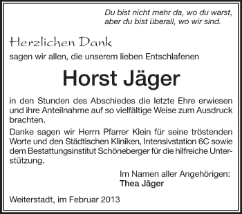 Traueranzeige von Horst Jäger von Echo-Zeitungen (Gesamtausgabe)