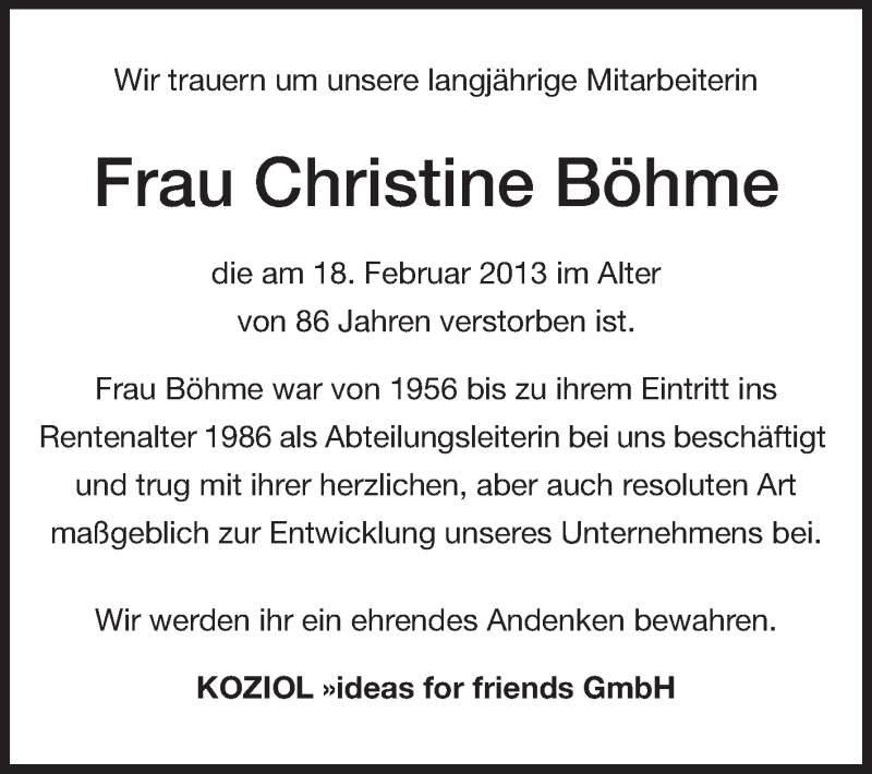  Traueranzeige für Christine Böhme vom 27.02.2013 aus Echo-Zeitungen (Gesamtausgabe)