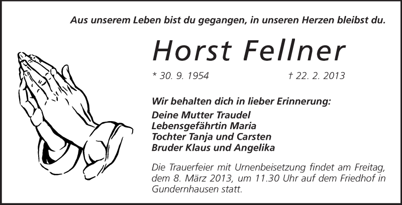  Traueranzeige für Horst Fellner vom 02.03.2013 aus Echo-Zeitungen (Gesamtausgabe)