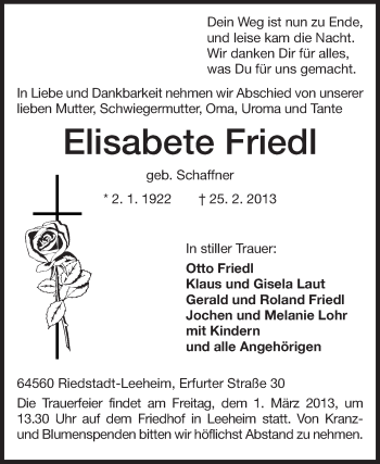 Traueranzeige von Elisabete Friedl von Echo-Zeitungen (Gesamtausgabe)
