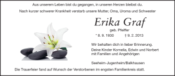 Traueranzeige von Erika Graf von Darmstädter Echo, Odenwälder Echo, Rüsselsheimer Echo, Groß-Gerauer-Echo, Ried Echo