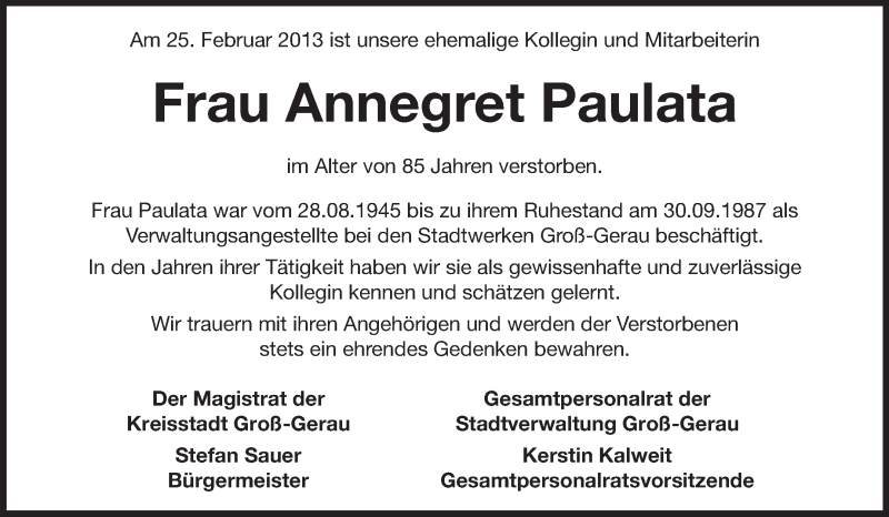  Traueranzeige für Annegret Paulata vom 02.03.2013 aus Rüsselsheimer Echo, Groß-Gerauer-Echo, Ried Echo