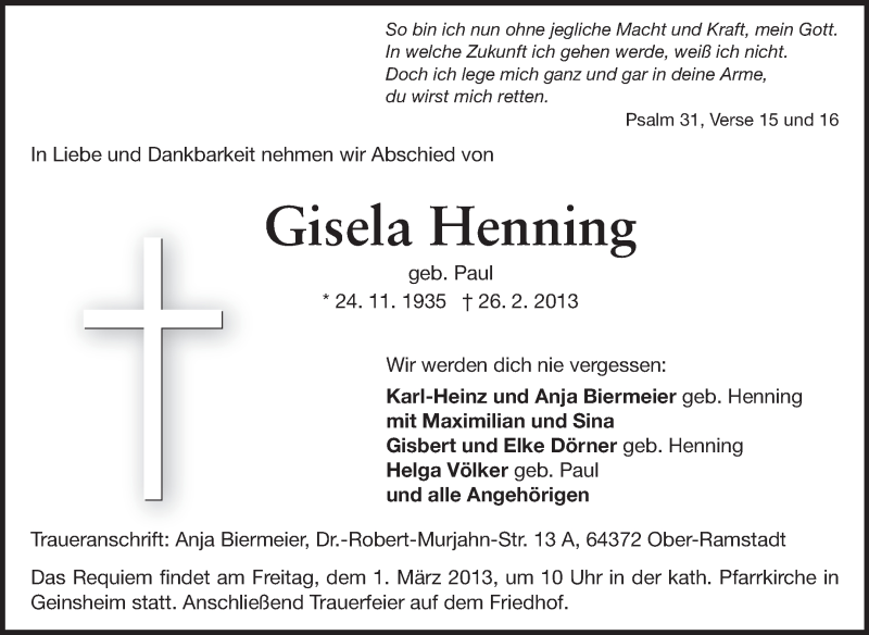  Traueranzeige für Gisela Henning vom 28.02.2013 aus Darmstädter Echo, Odenwälder Echo, Rüsselsheimer Echo, Groß-Gerauer-Echo, Ried Echo