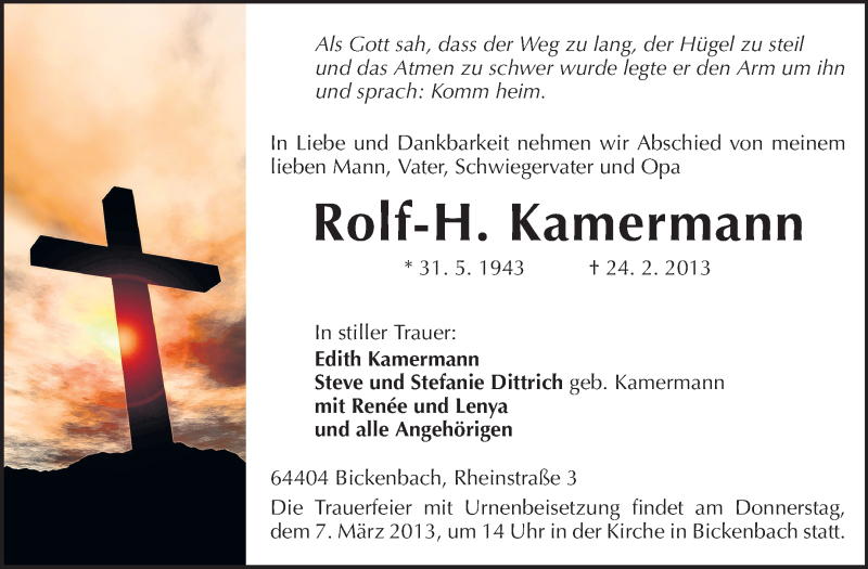  Traueranzeige für Rolf-H. Kamermann vom 02.03.2013 aus Echo-Zeitungen (Gesamtausgabe)