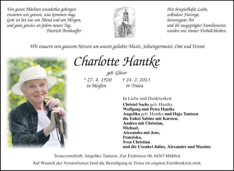  Traueranzeige für Charlotte Hantke vom 02.03.2013 aus Echo-Zeitungen (Gesamtausgabe)