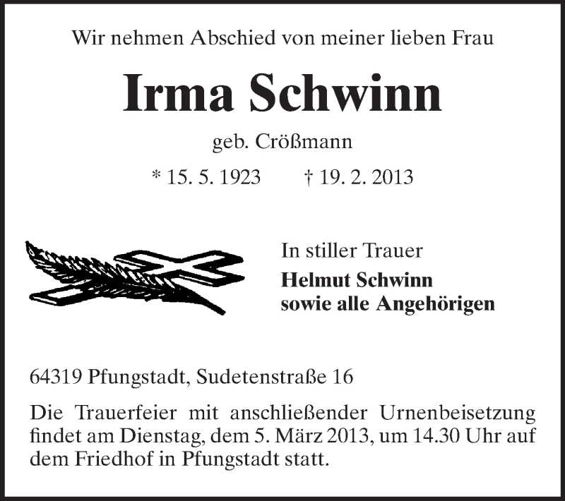  Traueranzeige für Irma Schwinn vom 02.03.2013 aus Echo-Zeitungen (Gesamtausgabe)