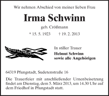 Traueranzeige von Irma Schwinn von Echo-Zeitungen (Gesamtausgabe)