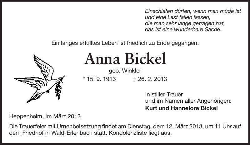  Traueranzeige für Anna Bickel vom 08.03.2013 aus Starkenburger Echo