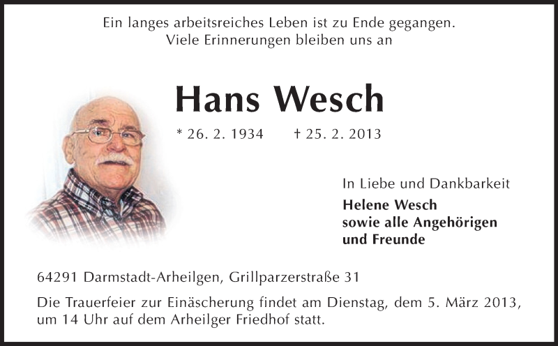  Traueranzeige für Hans Welsch vom 02.03.2013 aus Echo-Zeitungen (Gesamtausgabe)