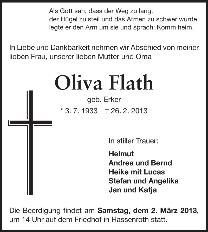  Traueranzeige für Oliva Flath vom 01.03.2013 aus Echo-Zeitungen (Gesamtausgabe)