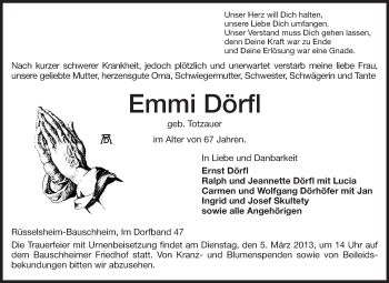 Traueranzeige von Emmi Dörfl von Rüsselsheimer Echo, Groß-Gerauer-Echo, Ried Echo
