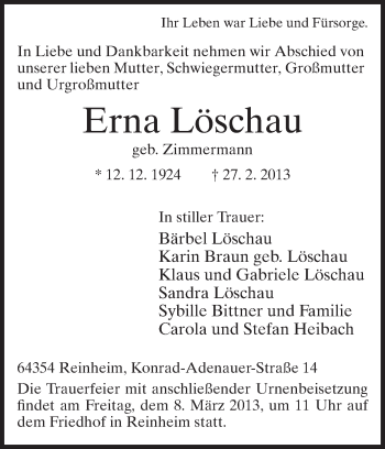 Traueranzeige von Erna Löschau von Echo-Zeitungen (Gesamtausgabe)