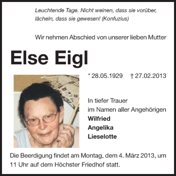 Traueranzeige von Else Eigl von Echo-Zeitungen (Gesamtausgabe)