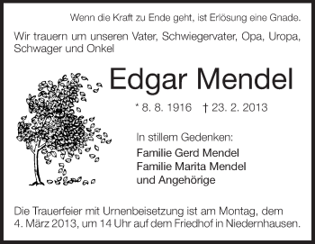 Traueranzeige von Edgar Mendel von Echo-Zeitungen (Gesamtausgabe)