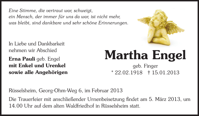  Traueranzeige für Martha Engel vom 02.03.2013 aus Rüsselsheimer Echo, Groß-Gerauer-Echo, Ried Echo