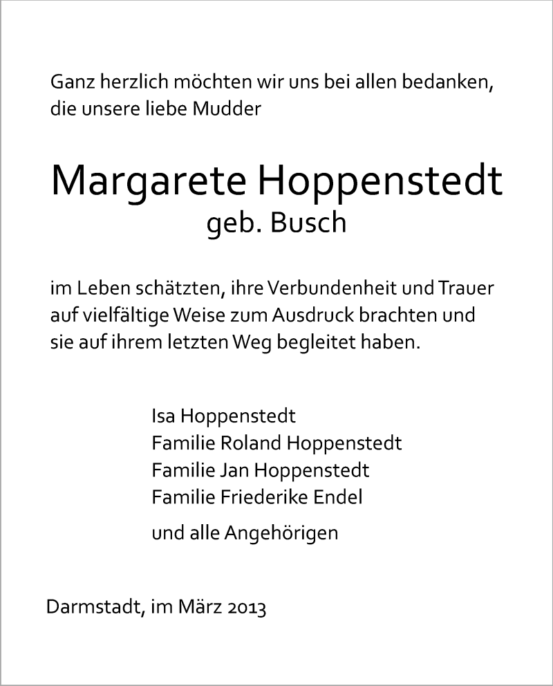  Traueranzeige für Margarete Hoppenstedt vom 02.03.2013 aus Echo-Zeitungen (Gesamtausgabe)