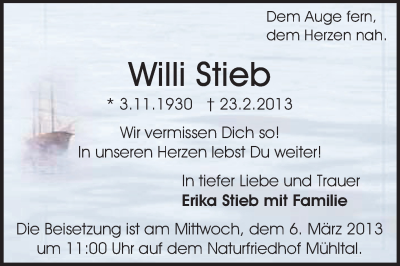  Traueranzeige für Willi Stieb vom 02.03.2013 aus Echo-Zeitungen (Gesamtausgabe)