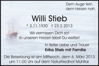 Traueranzeige von Willi Stieb von Echo-Zeitungen (Gesamtausgabe)