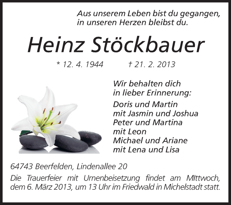 Traueranzeige für Heinz Stöckbauer vom 01.03.2013 aus Odenwälder Echo