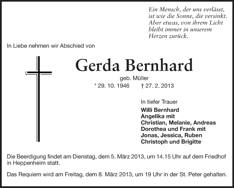  Traueranzeige für Gerda Bernhard vom 01.03.2013 aus Starkenburger Echo