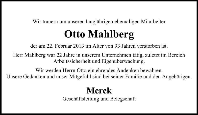  Traueranzeige für Otto Mahlberg vom 04.03.2013 aus Echo-Zeitungen (Gesamtausgabe)