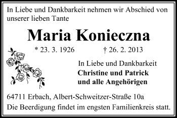 Traueranzeige von Maria Konieczna von Odenwälder Echo