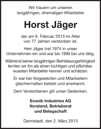 Traueranzeige von Horst Jäger von Echo-Zeitungen (Gesamtausgabe)