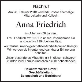 Traueranzeige von Anna Friedrich von Odenwälder Echo